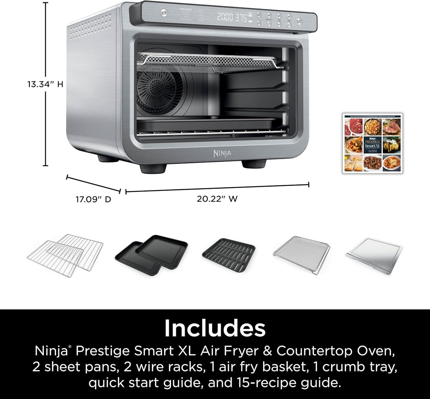 Ninja Air Fryer & Toaster Oven | Prestige Smart XL Countertop Oven | Bakes up to 20 Cookies, Fits up to a 12lb Turkey | Pizza, Toast, Bake, Air Fry & Reheat | 1800 Watts | Stainless Steel | DT501