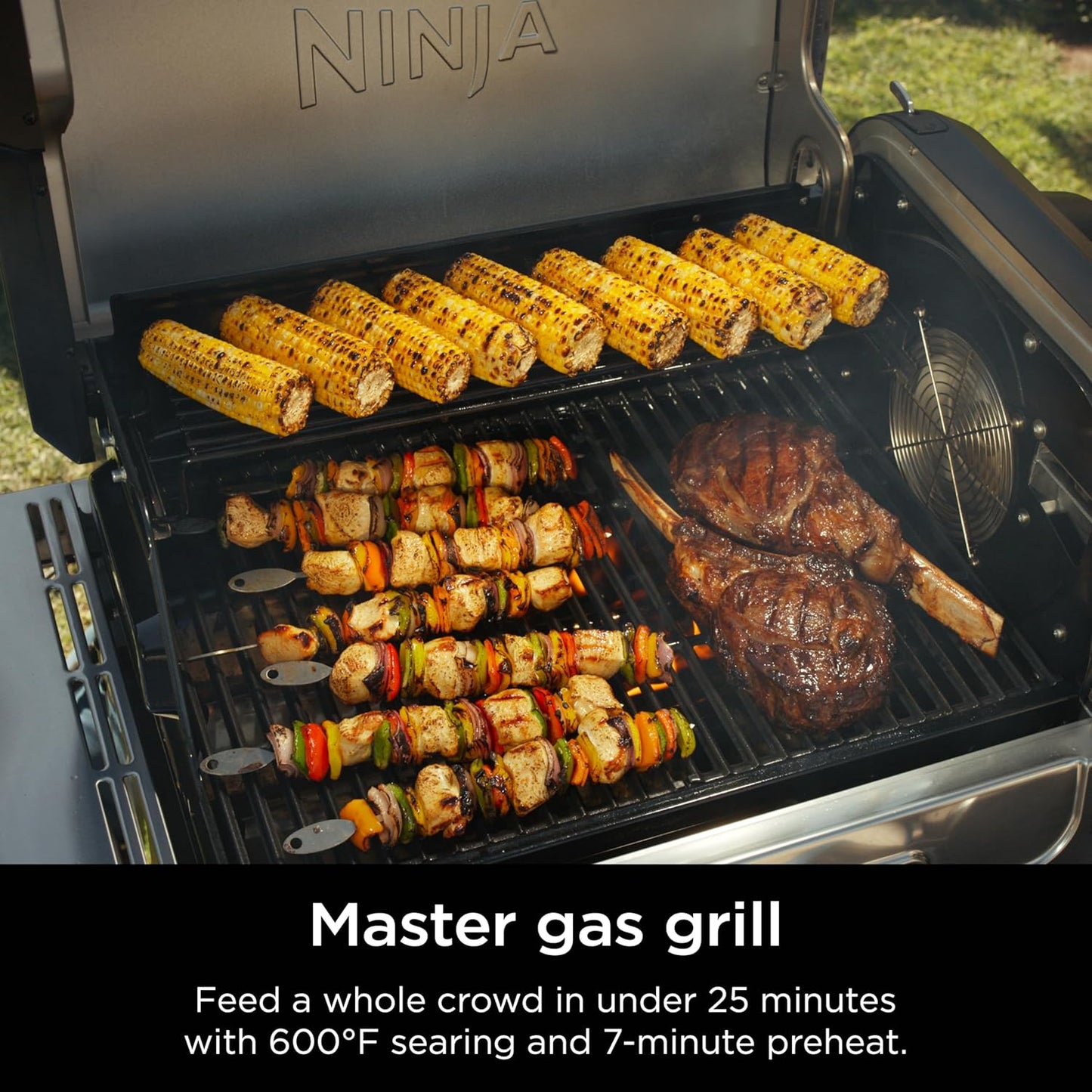 Ninja FlexFlame, Grill and Smoker, Electric and Propane Grill, Roaster, BBQ Grill, 5-in-1 Cooking System, 3 Burner, Digital Control, Outdoor Cooking, Griddle, Pizza Maker, Stainless Steel, PG301