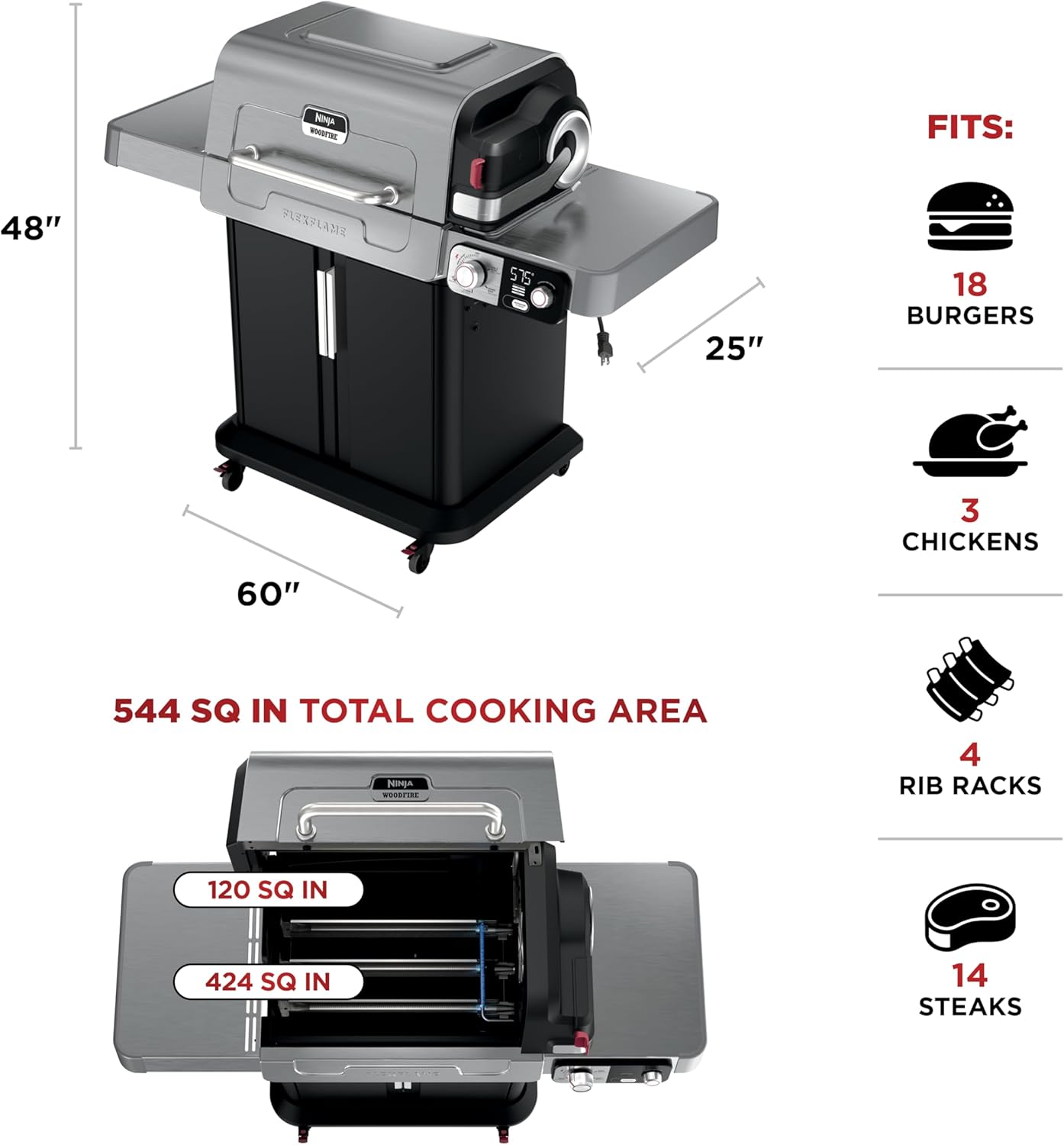 Ninja FlexFlame, Grill and Smoker, Electric and Propane Grill, Roaster, BBQ Grill, 5-in-1 Cooking System, 3 Burner, Digital Control, Outdoor Cooking, Griddle, Pizza Maker, Stainless Steel, PG301