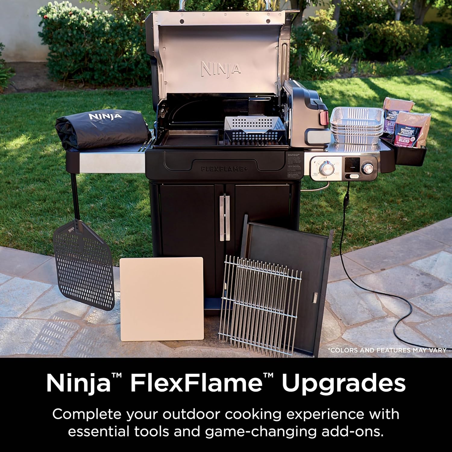 Ninja FlexFlame, Grill and Smoker, Electric and Propane Grill, Roaster, BBQ Grill, 5-in-1 Cooking System, 3 Burner, Digital Control, Outdoor Cooking, Griddle, Pizza Maker, Stainless Steel, PG301